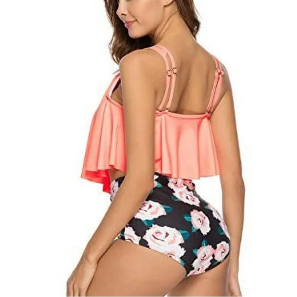 Pink & Floral flowy Bikini high ruched waisted swim NWOT Large - Picture 10 of 12
